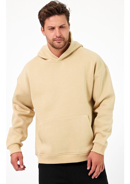 Bafatex Erkek Oversize 3 Iplik Kapşonlu Sweatshirt Bej modelleri