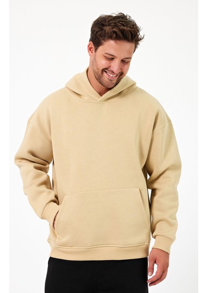 Bafatex Erkek Oversize 3 Iplik Kapşonlu Sweatshirt Bej fırsatları