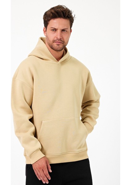 Bafatex Erkek Oversize 3 Iplik Kapşonlu Sweatshirt Bej indirimleri