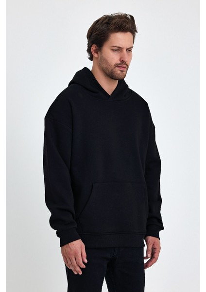 Bafatex Erkek Oversize 3 Iplik Kapşonlu Sweatshirt Siyah