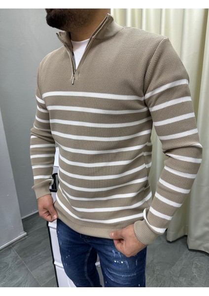 Bafatex Fermuar Detaylı Slimfit Çizgili Kazak