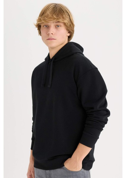Boxy Fit Kapüşonlu Basic Düz Sweatshirt D0852AX24AU