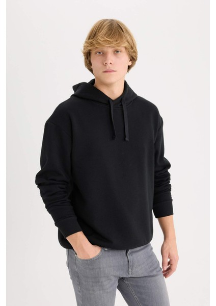 Boxy Fit Kapüşonlu Basic Düz Sweatshirt D0852AX24AU