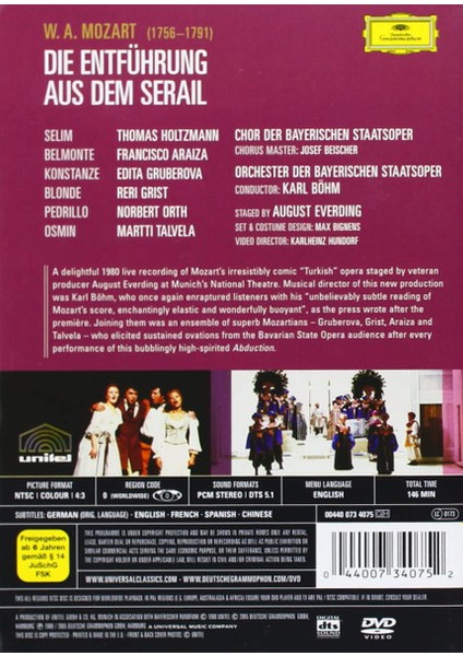 Mozart- Edita Gruberova, Reri Grist, Francisco Araiza, Norbert Orth, Martti Talvela, Thomas Holtzmann, Chor Der Bayerischen Staatsoper, Karl Böhm, August Everding – Die Entführung Aus Dem Serail DVD