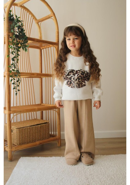 Fiyonk Leopar Detaylı Kız Çocuk 2 li takım - Bej