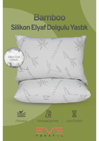 2 Adet Bamboo Gri Serisi Kılıflı Fermuarlı Yıkanabilir Antialerjik Silikon Elyaf Yastık 50 x 70 cm 800 gr