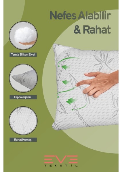 10 Adet Bamboo Gri Serisi Kılıflı Fermuarlı Yıkanabilir Antialerjik Silikon Elyaf Yastık 50 x 70 cm 800 gr