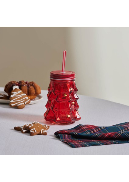 New Year Yılbaşı Pine Tree Pipetli Kupa 520 ml Kırmızı