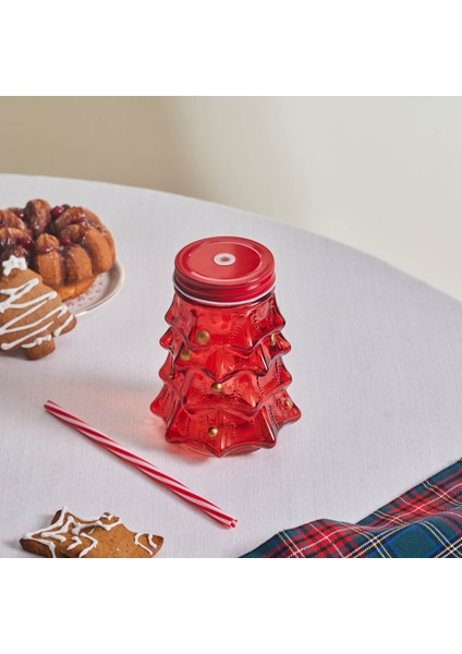 New Year Yılbaşı Pine Tree Pipetli Kupa 520 ml Kırmızı