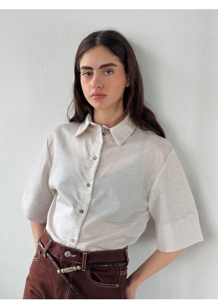 Hafif Simli Retro Model Bol Kısa Kol Gömlek Kadın Krem Gold