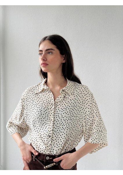 Retro Model Kısa Bol Kol Gömlek Kadın Puantiyeli