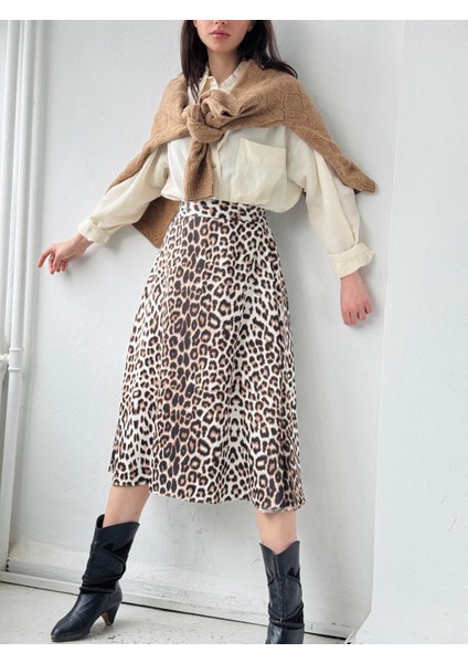 Luna Saten Midi Boy Etek Kadın Leopar