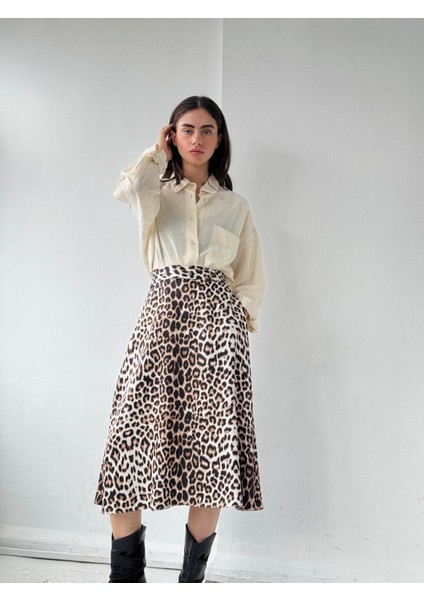 Luna Saten Midi Boy Etek Kadın Leopar fırsatları