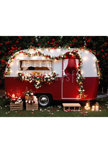 Renkli Çiçeklerle Donatılmış Retro Karavan Arka Plan, 200x150cm, Stüdyo Fonu