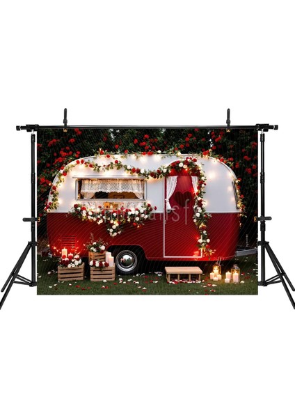 Renkli Çiçeklerle Donatılmış Retro Karavan Arka Plan, 200x150cm, Stüdyo Fonu