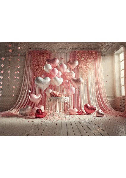 Sevgi Dolu Arka Plan: Pembe ve Kırmızı Kalplerle 200x150cm, Stüdyo Fonu