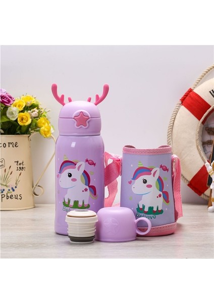 Erkek ve Kız Boynuzları Çocuk Saman Termos Bardak Çift Kapaklı Sıçrama Fincan Doğrudan Içme Çay Bardağı Kapaklı Tek Tıklamayla Dökme Fincan (Yurt Dışından)