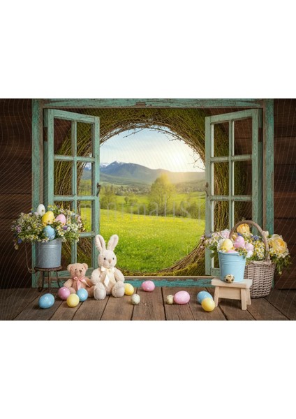 Canlı Çiçekler ve Sevimli Tavşanlar ile Bahar Temalı Arka Plan 200x150cm, Stüdyo Fonu