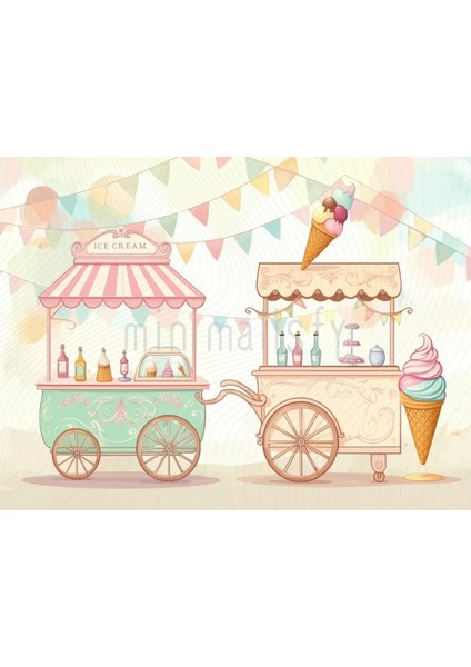 Rengarenk Dondurma Arabası ve Bayraklarla Dolu Arka Plan, 200x150cm, Stüdyo Fonu