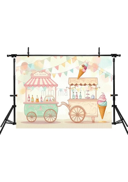 Rengarenk Dondurma Arabası ve Bayraklarla Dolu Arka Plan, 200x150cm, Stüdyo Fonu fiyatları