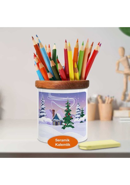 Kar Altında Yılbaşı Ağacı Ahşaplı Seramik Kalemlik - 1262-16659