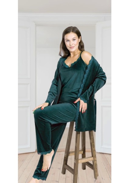 Good Night 1633-8 Kadın Kadife 3'lü Pijama Takımı