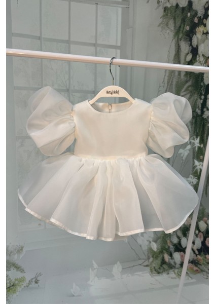 Beyaz Karolin Organze Kız Bebek Çocuk Romper Külotlu Abiye Elbise