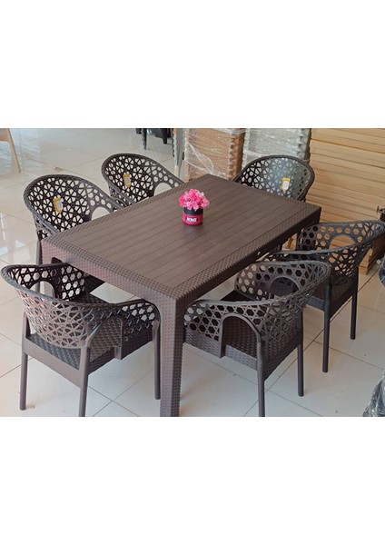 Lotus Rattan Bahçe Balkon Masa Takımı 6 Kişilik 90 x 150 cm Camsız Set 1. Kalite