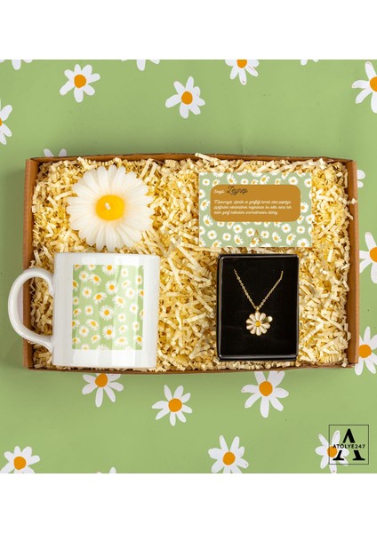 Kişiye Özel Papatya Set- Papatya Kolye - Papatya Tasarımlı Beyaz Seramik Kupa - Papatya Mum - Papatya Kart Notu