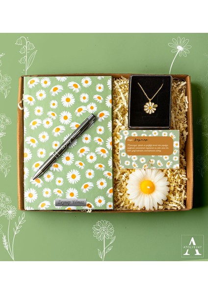 Kişiye Özel Papatya Hediye Seti- Papatya Defter - Papatya Kolye - Papatya Mum - Tükenmez Kalem - Papatya Kart Notu
