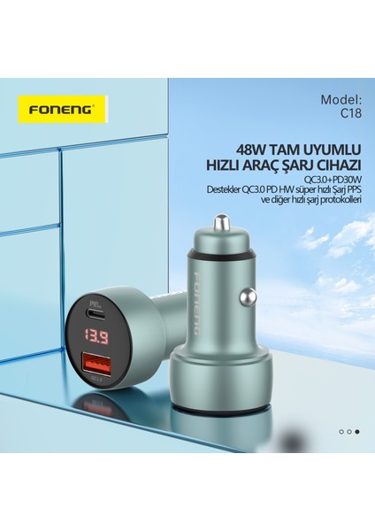 C18 48W USB-C 1 Port USB 1 Port Araç içi Hızlı Şarj Aleti Samsung PPS Destekli Akım Korumalı Güç Adaptörü iPhone & Android & iPad Type-