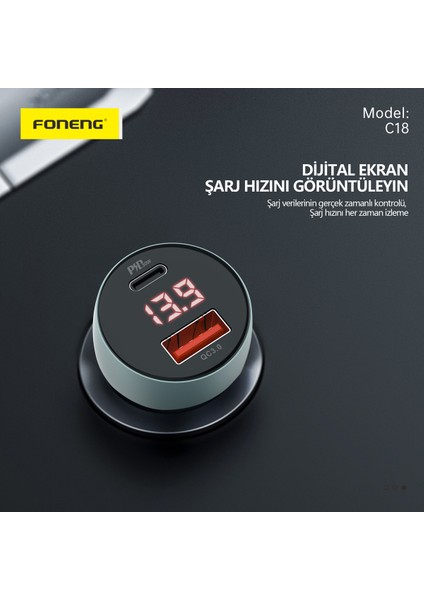 C18 48W USB-C 1 Port USB 1 Port Araç içi Hızlı Şarj Aleti Samsung PPS Destekli Akım Korumalı Güç Adaptörü iPhone & Android & iPad Type-