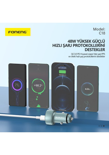C18 48W USB-C 1 Port USB 1 Port Araç içi Hızlı Şarj Aleti Samsung PPS Destekli Akım Korumalı Güç Adaptörü iPhone & Android & iPad Type-
