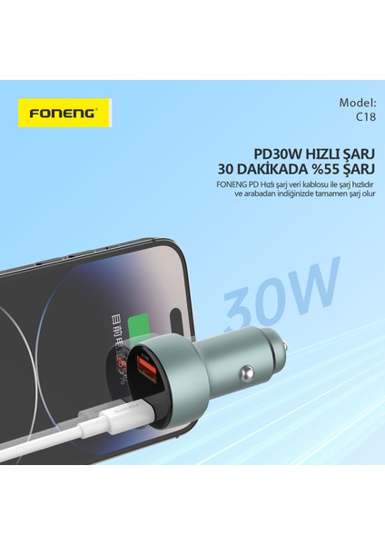 C18 48W USB-C 1 Port USB 1 Port Araç içi Hızlı Şarj Aleti Samsung PPS Destekli Akım Korumalı Güç Adaptörü iPhone & Android & iPad Type-