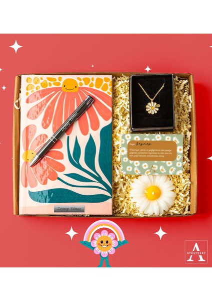 Kişiye Özel Papatya Hediye Seti- Papatya Defter - Papatya Kolye - Papatya Mum - Tükenmez Kalem - Papatya Kart Notu