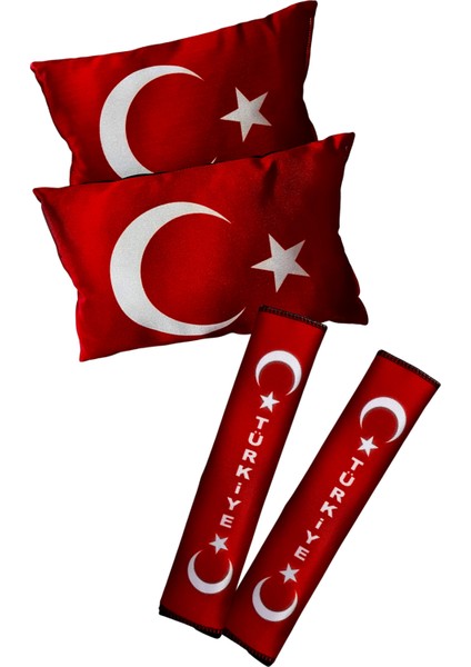 Türk Bayrak'lı Dijital Baskılı Araç Oto Seyahat Boyun Yastığı & Emniyet Kemer Kılıfı Ped | 2'li Set