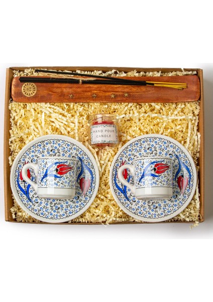 Özel Tasarım Ebru Motifli Kahve Fincanı - Ahşap Tütsülük - Tütsü - Mum Hediye Seti