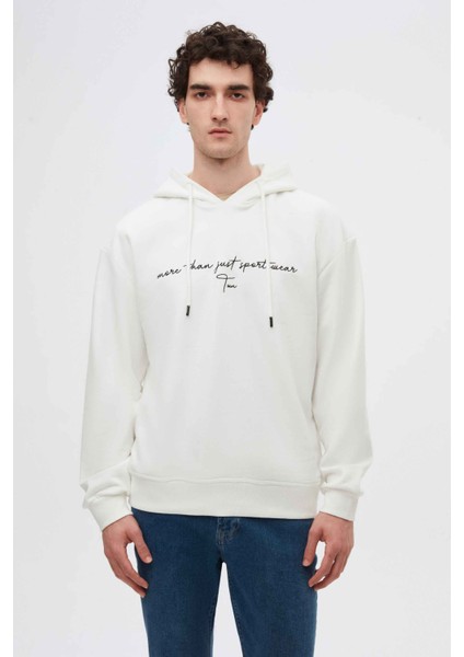 Relaxed Fit Ekru Nakışlı 3 Iplik Kapüşonlu Sweatshirt