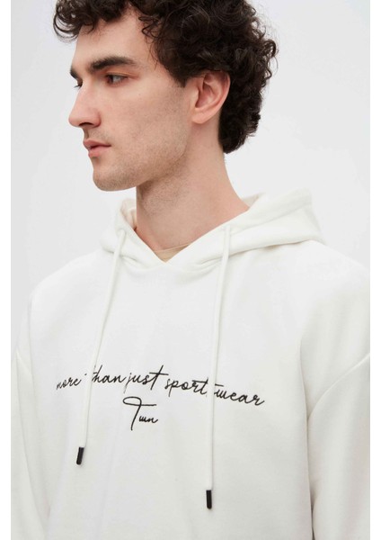 Relaxed Fit Ekru Nakışlı 3 Iplik Kapüşonlu Sweatshirt