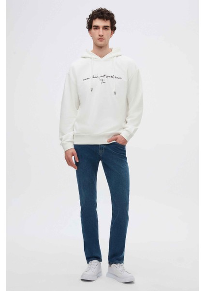 Relaxed Fit Ekru Nakışlı 3 Iplik Kapüşonlu Sweatshirt