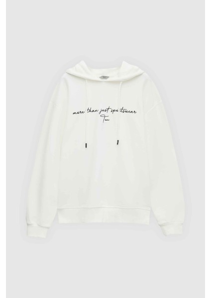 Relaxed Fit Ekru Nakışlı 3 Iplik Kapüşonlu Sweatshirt