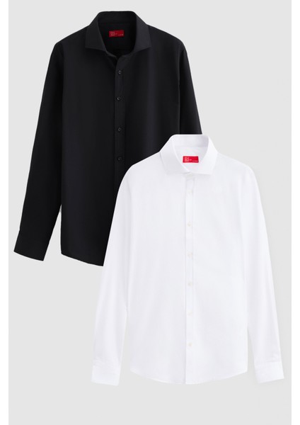 Ds Damat Slim Fit Siyah/beyaz Italyan Yaka Dar Kesim Klasik Kravatlık Uzun Kollu Kolay Ütülenebilir Nefes Alan 2'li Gömlek