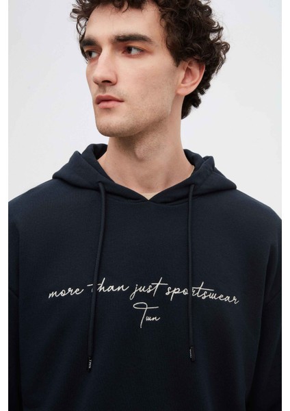 Relaxed Fit Lacivert Nakışlı 3 Iplik Kapüşonlu Sweatshirt
