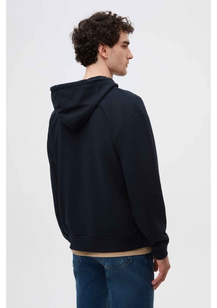 Relaxed Fit Lacivert Nakışlı 3 Iplik Kapüşonlu Sweatshirt