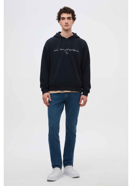 Relaxed Fit Lacivert Nakışlı 3 Iplik Kapüşonlu Sweatshirt