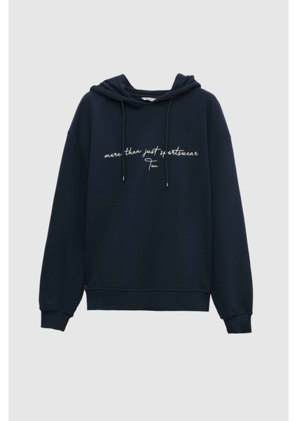 Relaxed Fit Lacivert Nakışlı 3 Iplik Kapüşonlu Sweatshirt