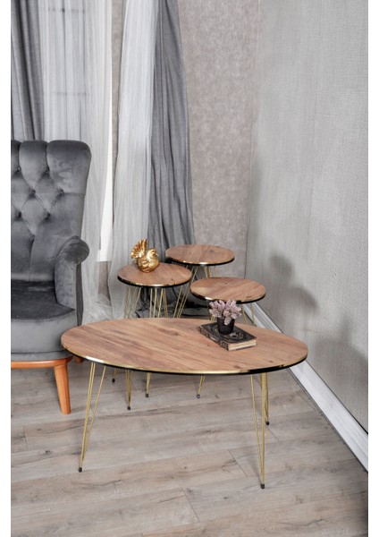3'lü Zigon ve Orta Sehpa Oval Gold Tel Ayak Metal Sehpa Seti