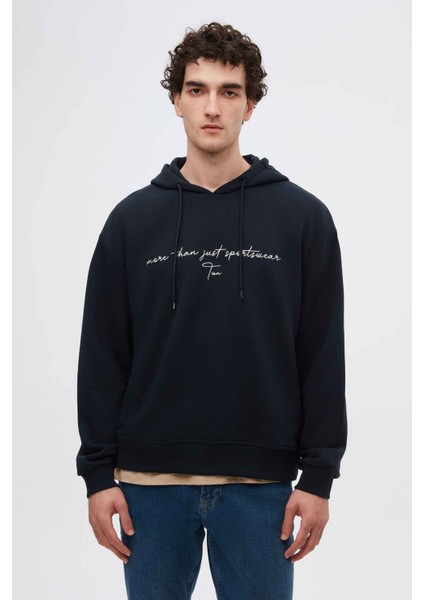Relaxed Fit Lacivert Nakışlı 3 Iplik Kapüşonlu Sweatshirt