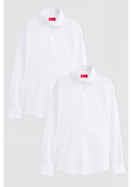 Ds Damat Slim Fit Beyaz Italyan Yaka Dar Kesim Klasik Kravatlık Uzun Kollu Kolay Ütülenebilir Nefes Alan 2'li Gömlek 2HF02ORTBN85