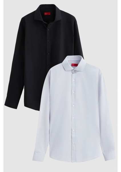 Ds Damat Slim Fit Siyah/beyaz Italyan Yaka Dar Kesim Klasik Kravatlık Uzun Kollu Kolay Ütülenebilir Nefes Alan 2'li Gömlek